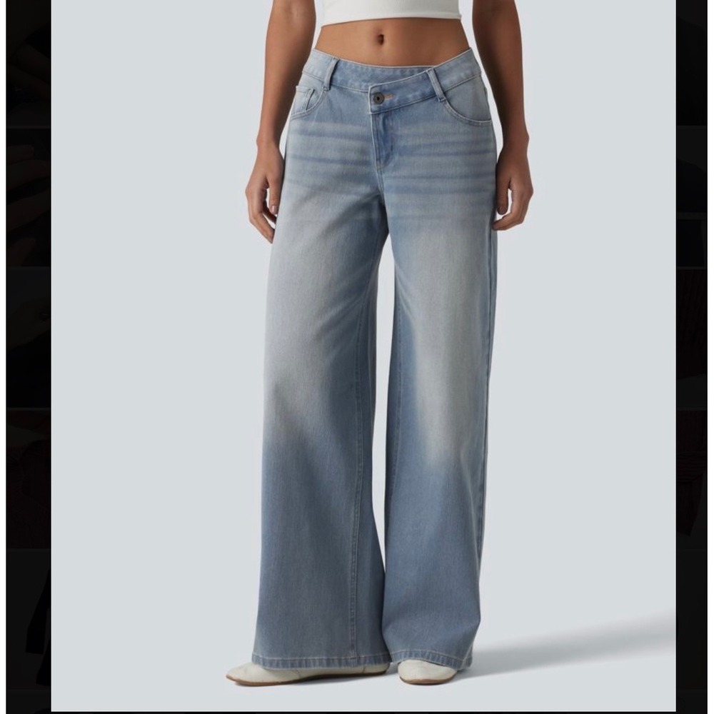 Halara Flex Asymmetric Crossover Low Rise Baggy Wide Leg Jeans L Comfy Stretch